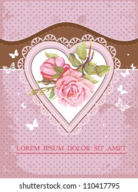 Retro ornate pink frame decoration with polka dot pattern. Greeting card design. Happy Birthday vector illustration with flowers.