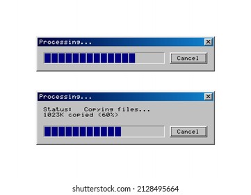 Retro OS user interface. Set of progress bars, dialog screen with cancel button. Vintage computer software. Vector illustration