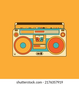 Retro outdated portable stereo boombox radio receiver with cassette recorder vector illustration isolated on yellow background. Vintage old-style radio music player