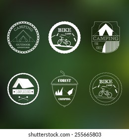 Retro outdoor logo elements for Summer design. Vintage ornaments. All for Summer holidays. Camping, forest, sea, sunshine, weekend tour, adventure labels. vector illustration set