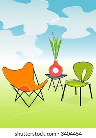 Retro Outdoor Patio Seating. Each item is grouped so you can use them independently from the background. Layered file for easy edit--no transparencies or strokes!