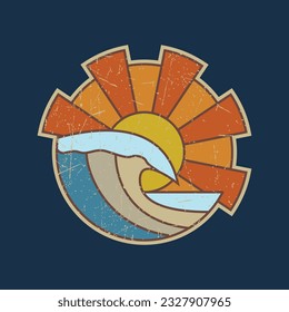 ilustración solar al aire libre retro con olas de playa diseño de vectores oceánicos para pegatinas, camisetas y más