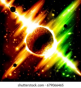 A retro outer space background with a planet, sky and stars. Layered.