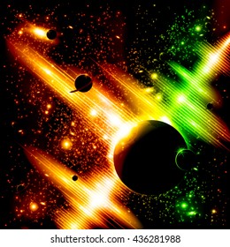 A retro outer space background with planets, sky and stars. Layered.