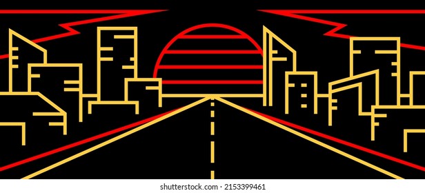 Retro outline illustration of city on sunset background. Neon evening metropolis in vintage 80s style.