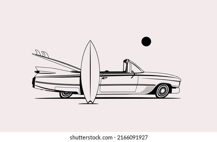 Retro outlined surfing cabriolet car with surfboards illustration for poster or card or sticker or logo or t-shirt design. Isolated on white background. Vector illustration