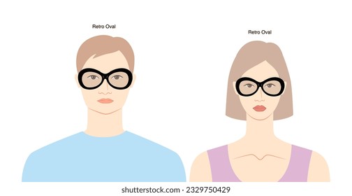 Gafas de marco de Oval retro en la ilustración de accesorios de moda de carácter plano para mujeres y hombres. Vista frontal de vidrio solar estilo de silueta unisex, anteojos de gafas de lente, contorno de estilo de esbozo aislado