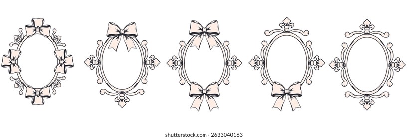 Retro oval Frames vector set isolated transparent, oval Frames with bow in Antique Victorian style, Grunge texture Frames collection EPS 10