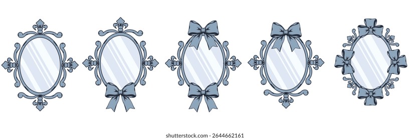 Retro oval Frames vector set isolated transparent. Oval antique mirrow with bow in Victorian style. Grunge texture Frames collection EPS 10