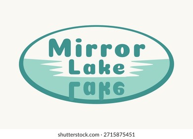 Placa oval retrô com formas de azul-petróleo espelhadas e as palavras Lago Espelho centrado no interior