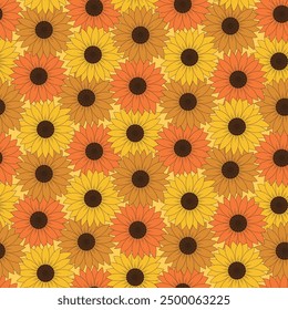Tournesols Retro Superposable dans un motif harmonieux orange, jaune et marron. Pour tissus, textiles et fonds d'écran. 