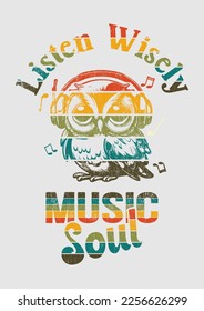 Retro owl wearing headphone vector. Music Soul