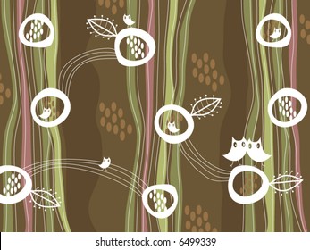 retro owls and nest on brown (vector)