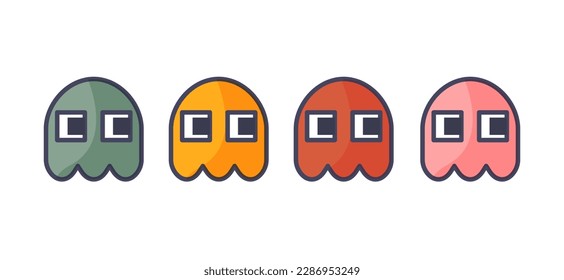 Retro pac man ghosts set. Collection of fictional characters from games. Red, yellow, pink and green monsters. Social media sticker. Cartoon flat vector illustrations isolated on white background