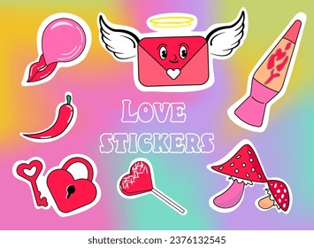 Retro Pack of Cute Stickers Vector Design. Trendy Girly Patches Collection. Love theme with elements Envelope, Angel and Candy. Pack for Valentines day