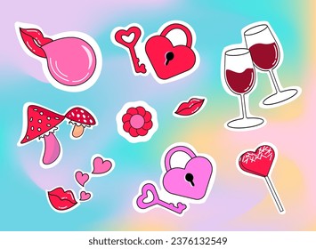 Retro Pack of Cute Stickers Vector Design. Trendy Girly Patches Collection. Love theme with elements Vine Glasses, Bubble Gum and Candy. Pack for Valentines day