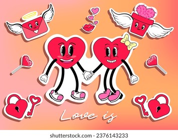 Retro Pack of Cute Stickers Vector Design. Couple Groovy Characters Trendy Valentines day Patches Collection. Love theme with elements Envelope, Angel and Kay