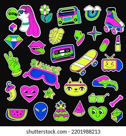 Retro pack of emoticons from 1990s, old school stickers and devices. Isolated watermelon and heart, tv and radio, leaves and roller skater, pepper and V gesture. Vector in flat style