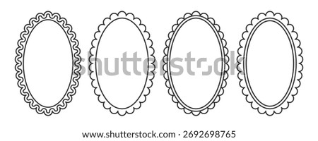 Retro packaging label border. Line art scallop oval frame set. Cute labels design for branding. Gift tag vector template. Elegant ellipse outline for invitation, wedding, handmade product package
