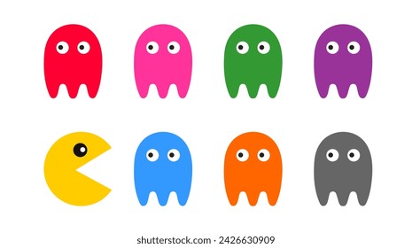 Retro PacMan set with colorful Ghosts. Pac-Man game modern versions characters in flat style with bright gray purple green colors. Vintage arcade, old school. Vector illustration on white background.