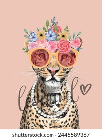 A retro painted illustration of a leopard on  background with a flower on and a poppy on the sunglass it's good for a fashion t-shirt.