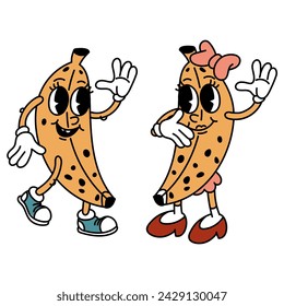 Retro pair of Groovy banana fruits. Emotional stickers with funny comic book characters, gloved hands, a boy and a girl. Bananas with emotions on their face. Cool fruits. Funny y2k, 70s, 60s, retro