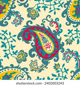 Retro paisley print decoration, ornamental motif or floral composition with branches and foliage. Organic and beautiful design. Seamless pattern, wallpaper or background print. Vector in flat style