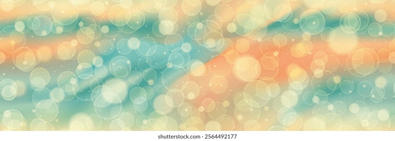 Retro pale bokeh blurred beach seamless bg with bubbles and overlay noise texture. Beige and blue pastel summer wallpaper. Vector illustration with gradient mesh