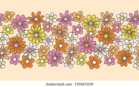 Retro Palette Hand Drawn Felt Tip Pen Daisies on Cream Background Floral Vector Seamless Pattern Border. Orange Pink Yellow Flowers Design. Bold Large Vintage Blooms Fashion, Textile Trendy Print