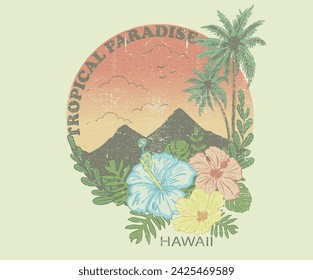 Retro palm beach graphic print design for t shirt print, poster, sticker, background and other uses. Tropical flower colorful retro print artwork. Sunshine paradise vector design. Hibiscus flower. 