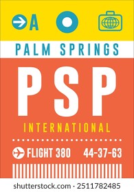 Etiqueta de equipaje retro de Palm Springs | Etiqueta engomada del equipaje del estilo de Antiguas | Etiqueta de la bolsa del aeropuerto internacional de PSP | Gráficos de viaje