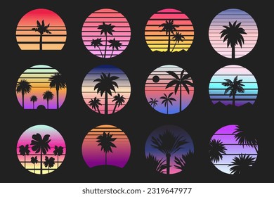 Retro palm sunset labels. Exotic tropical island landscape with striped sun and beach landscape. Vector retrowave summer holiday logo of sunset label beach illustration