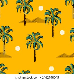 Retro Palm trees and island mountain pixle  Seamless pattern in vector illustration. Design for fashion , fabric, web ,wallpaper, wrapping  and all prints on yellow background color