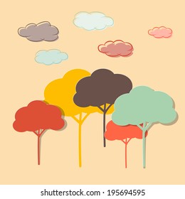 Retro Paper Colorful Trees and Clouds Vector Illustration
