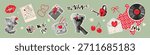 Retro paper cut collage elements for Valentine’s Day. Trendy vintage stickers perfect for cards, banners, scrapbooking, and romantic graphic design projects.