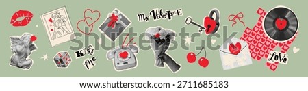 Retro paper cut collage elements for Valentine’s Day. Trendy vintage stickers perfect for cards, banners, scrapbooking, and romantic graphic design projects.