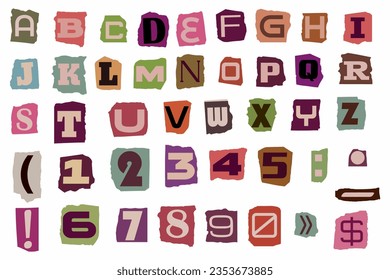 Retro Paper Cut out ransom notes font letters alphabet. Cut Ransom Blackmail Collage Kidnapper Criminal Anonymous vintage style. Ransom Letters, Numbers, punctuation marks from newspaper or magazine