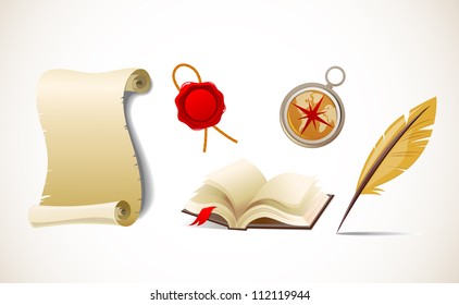 Retro paper, feather, compass and book - vector icon set