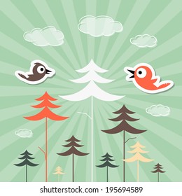 Retro Paper Forest and Birds Vector Illustration