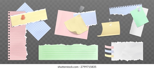 Retro paper notebook page elements with adhesive tape strips, torn edges texture, pins, realistic vector on transparent background. Scrapbook stickers, curled memo notes, collage design, school frames