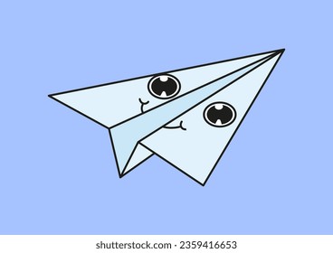 Retro paper plane sticker concept. Back to 80s and 90s. Communication and interaction. Era hippie, positive and optimism. Cartoon flat vector illustration isolated on blue background