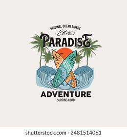 retro Paradise surfing  club Adventure typography summer beach graphic design