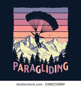 Camiseta de parapente retro, Vector de diseño de paisaje