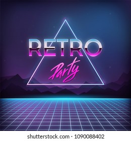 Partido Retro de los 80. Paisaje digital con espacio, montañas y rejilla láser sobre el terreno en el mundo cibernético. Fondo retro futurista estilo años 80. 