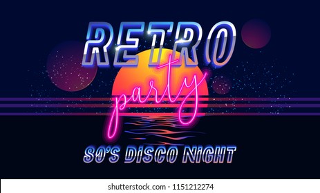 Retro party 80's banner, cover or invitation card. Old style vector poster. Disco fluorescent neon style for eighties party. 1980 fashion background easy editable template for night event.