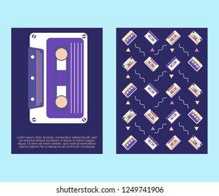 Retro party 80's banner, cover or invitation card with cassete tape. Old style vector poster