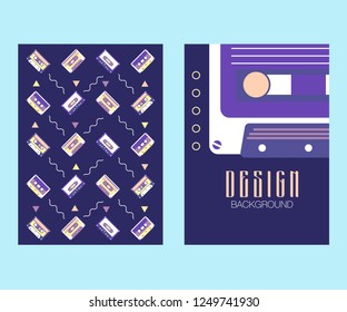 Retro party 80's banner, cover or invitation card with cassete tape. Old style vector poster