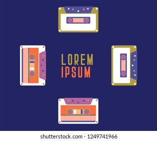 Retro party 80's banner, cover or invitation card with cassete tape. Old style vector poster