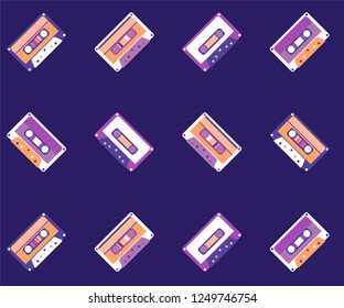 Retro party 80's banner, cover or invitation card with cassete tape. Old style vector poster