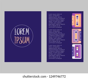 Retro party 80's banner, cover or invitation card with cassete tape. Old style vector poster